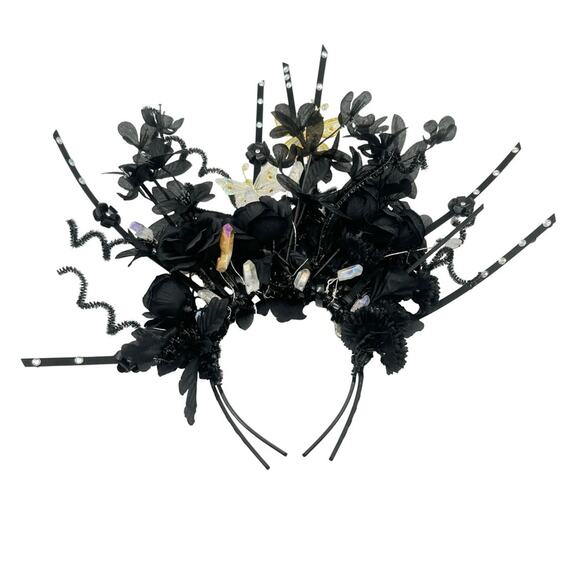 GOTHIC Artisan halo crown Black Floral Headpiece with Butterfly Accent handmade main image 13